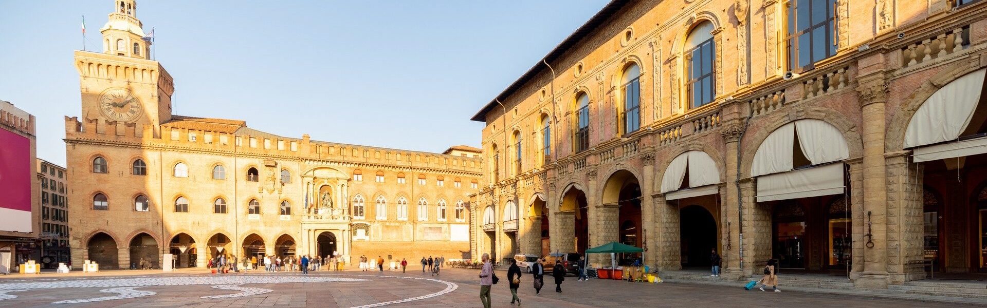 Central square of the old town in Bologna city. Morning view on Piazza Maggiore in Emilia Romagna region