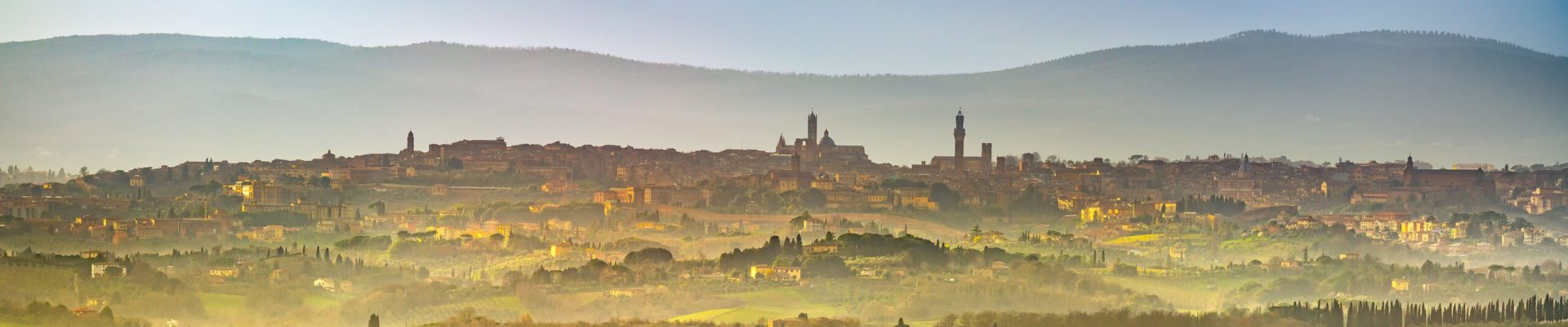 Siena city panoramic skyline, countryside and rolling hills in a misty day. Tuscany, Italy, Europe.