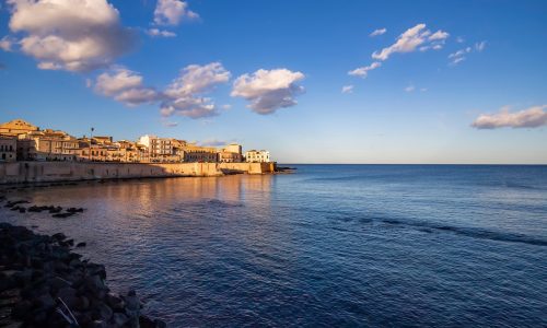 Syracuse Sicily. Day view on the beautiful seafront of Ortigia