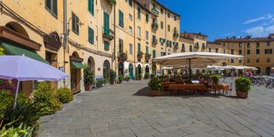 The Famous Oval City Square on a Sunny Day in Lucca, Tuscany, Italy