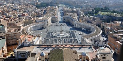 Aerial view of the Saint Peter's square in Vatican city. Cityscape above view from the dome of the basilica