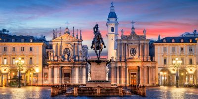 Turin, Italy at Piazza San Carlo during twilight.